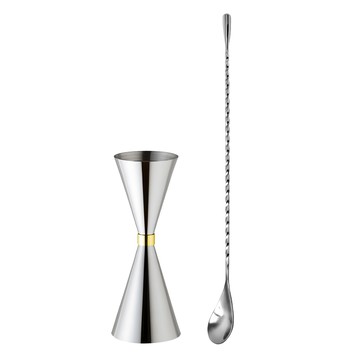 GOODLIVING 雞尾酒金環量酒器 30毫升/45毫升 + 吧匙 30公分 套組  金色 銀色  1組