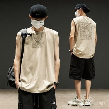 【精品男裝】背心男ins潮牌美式複古砍袖坎肩男裝夏季薄款寬肩無袖T恤男
