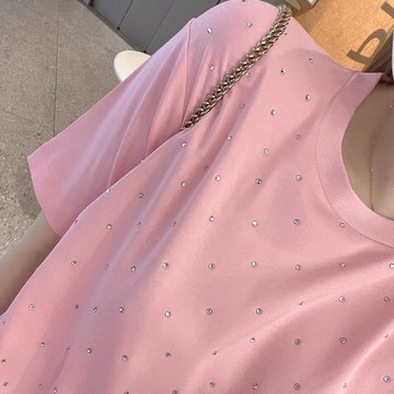 重工印花休閑短袖上衣粉色燙鉆