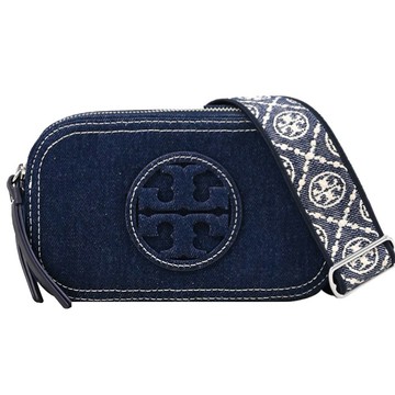 TORY BURCH 169246 牛仔織布雙層拉鍊斜背相機包.海軍藍