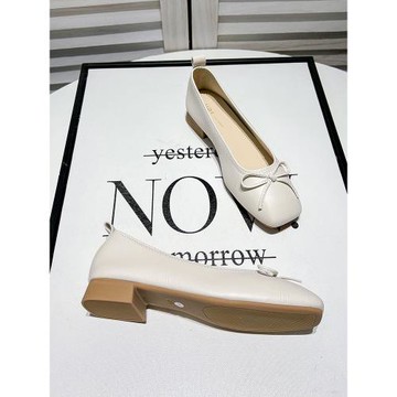 Uncle Jianの軟底軟皮蝴蝶結方頭奶奶鞋粗跟低跟淺口單鞋女舒適