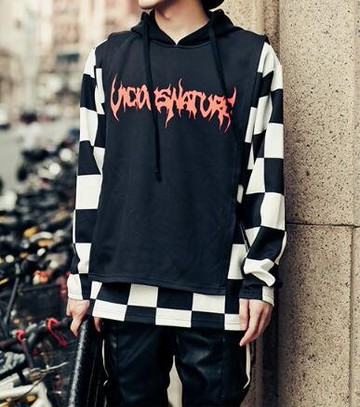 FINDSENSE Z1 韓國 時尚 潮 男 假兩件 格子火焰字 連帽 長袖 外套 衛衣 長袖T恤