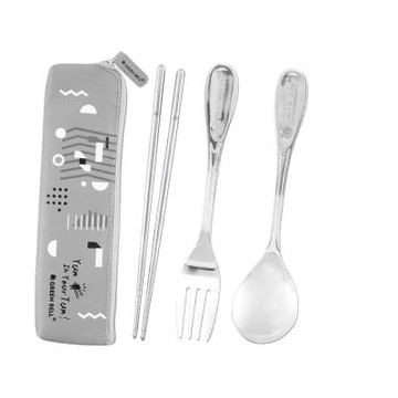 GREEN BELL綠貝幾何風304不鏽鋼環保餐具組-粉(含筷+叉+匙)