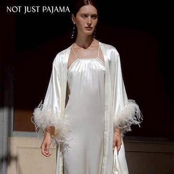 NotJustPajama婚禮系列 重磅真絲羽毛長款睡袍/新娘浴袍晨袍 - 晴空藍【單件睡袍】-L