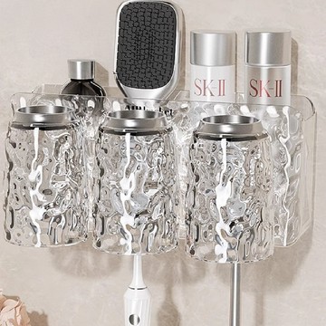 超級工廠 牙刷架 3杯 壁掛式安裝 多功能收納  高透冰川紋理 透明  1個