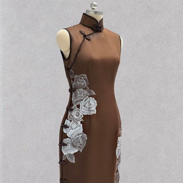 CHAELING 高級客製 咖色手繪白玫瑰真絲中式旗袍禮服長裙