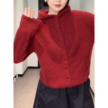 純色簡約精致連帽單排扣針織開衫休閑通勤風百搭長袖洋氣輕熟毛衣