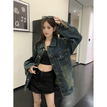 P3-【免費參觀】牛仔外套 外套女 女生外套 港風復古做舊牛仔外套女秋季新款休閒寬鬆顯瘦中長款百搭夾剋上衣