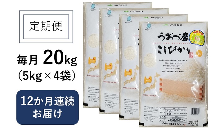 定期便 米 20kg (5kg×4袋) 12ヶ月 コシヒカリ 富山 魚津産 こめ コメ お米 おこめ 白米 精米 12回 お楽しみ