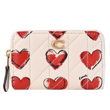 COACH 經典LOGO愛心圖案絎縫皮革ㄇ字拉鍊零錢包(米白)