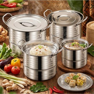 跨境鍋套裝pot set鍋具套裝蒸鍋湯桶不銹鋼410高湯鍋帶蒸片套鍋