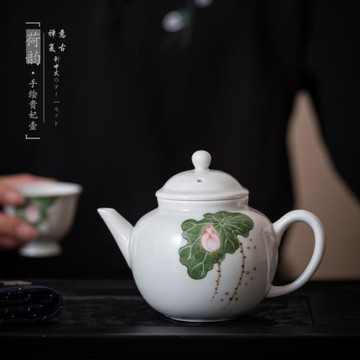 陶瓷茶壺單壺手繪荷花客廳辦公室家用功夫茶具帶過濾泡茶壺泡茶器