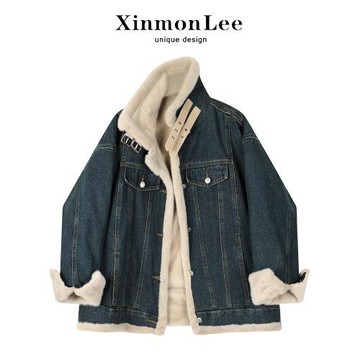 XinmonLee韓版百搭機車牛仔加絨外套女冬季2025新款加厚夾克棉服