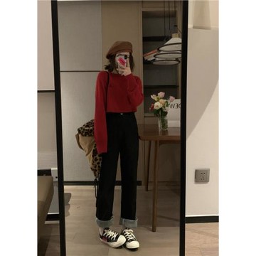 Veee 你懂我的可可愛愛 土星刺繡短款小個子顯白紅色套頭棉線毛衣