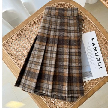 棕色毛呢加厚格子百褶裙女秋冬高腰防走光半身裙子顯瘦a字短褲裙