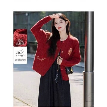 茵蔓安可拉紅毛衣開衫女2025年春秋季新款慵懶風高級感針織外套