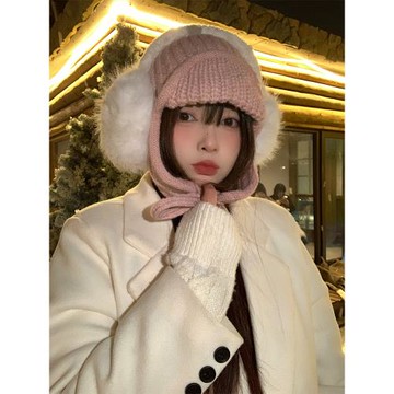 粉色護耳針織毛線帽女秋冬季韓系百搭護耳飛行帽顯臉小系帶雷鋒帽