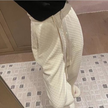 燈芯絨闊腿褲女春秋2025新款棋盤格高腰亮鉆抽繩垂感直筒拖地褲子