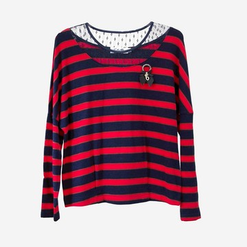 CLL巧玲瓏 透膚網紗拼接撞色橫條上衣 0003937