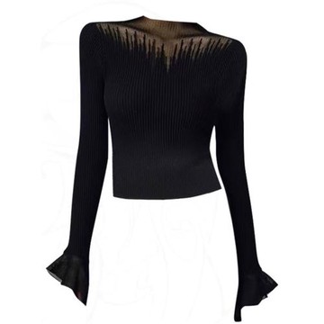 秋冬季鏤空蕾絲拼接半高領針織衫女長袖內搭毛衣打底衫喇叭袖上衣