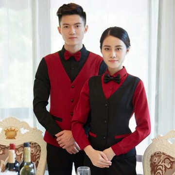 酒店餐飲服務員工作服女長袖秋冬裝飯店餐廳火鍋店前臺馬甲套裝