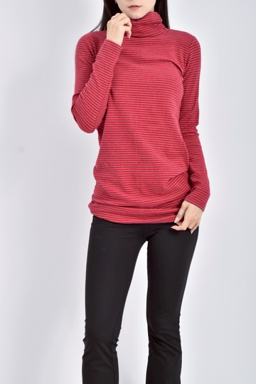 (S) chocolate韓牌質感棉質高領條紋長袖紅色洋裝