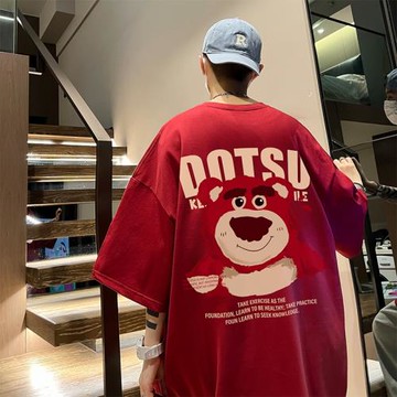 草莓熊t恤男重磅美式復古夏季潮牌高街oversize短袖男款半袖體恤