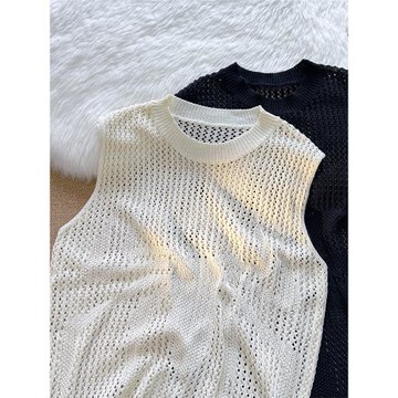 鏤空針織背心男士夏季韓版輕熟內搭無袖T恤潮牌ins痞帥圓領打底衫