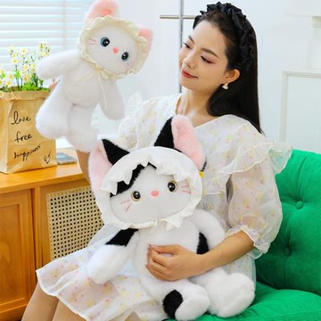 跨境嬰兒帽小熊毛絨玩具可愛坐款花貓安撫公仔呆萌兔子抱枕娃娃