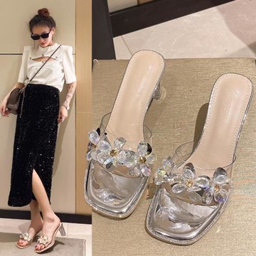 透明拖鞋女水鉆花朵外穿涼拖2025夏季新款時尚仙女半拖水晶高跟鞋