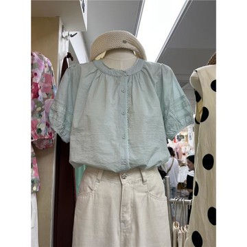 韓版夏季2025年十三行小清新凈色泡泡短袖蕾絲邊圓領單排扣襯衣女