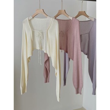 冰絲防曬針織開衫女薄款夏季披肩吊帶外搭長袖罩衫綁帶小坎肩外套