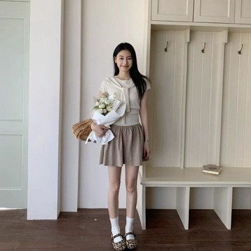 【吉野姐姐】S-4XL 大碼女裝 韓系溫柔假兩件短袖針織上衣+高腰半身裙顯瘦兩件套 針織短袖上衣 百褶短裙 兩件式套裝