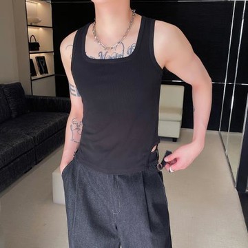 夏季個性方領彈力緊身背心男黑色短款針織無袖坎肩健身顯身材打底