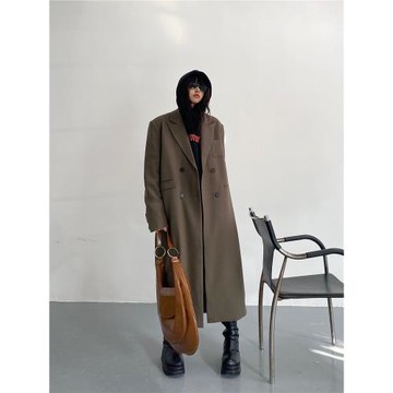 秋冬新款韓系高級設計感法式慵懶風中長款過膝西裝大衣風衣外套女