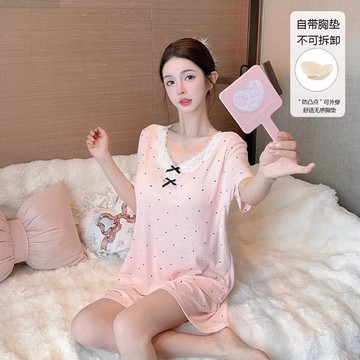 【臺灣出貨】帶胸墊睡衣 夏季睡衣 短袖睡衣 睡衣女 可外穿 免穿內衣 2026新款蕾絲花邊家居服兩件套