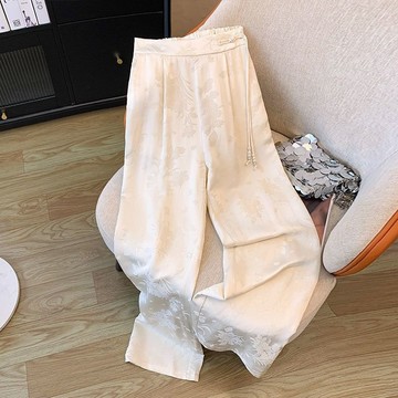 【雅韻衣櫥】 米白色褲子女新中式緞面提花休閒褲春夏新款國風盤扣闊腿長褲