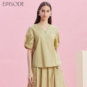 EPISODE - 百搭拉鏈V領棉質短袖上衣E43317（黃）