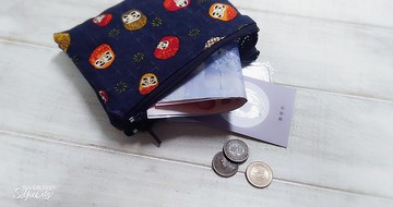 深藍和風福神不倒翁雙拉鍊零錢包 卡片包 收納包