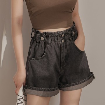 百搭鬆緊丹寧短褲-黑灰【KT201376】