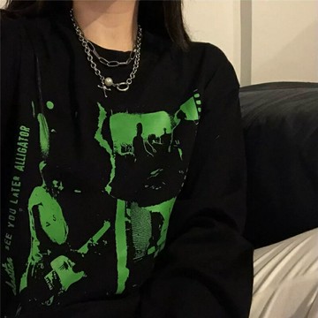 甜酷衛衣女春秋薄款古著少女連帽外套oversize黑色寬松學生上衣服