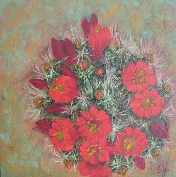 仙人掌油畫開花仙人掌原創藝術仙人掌荊棘手工牆藝術