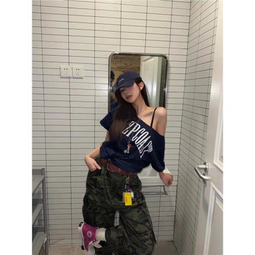 美式復古辣妹斜肩短袖t恤女夏季2025新款寬松慵懶風露肩別致上衣