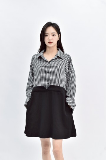(M) wear 棉質長袖假兩件千鳥格黑色洋裝