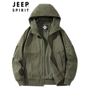 JEEP吉普工裝純棉夾克衫男士短款多兜飛行外套春秋休閑連帽風衣潮