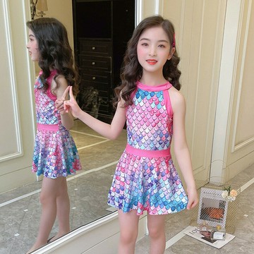 兒童泳衣女童小中大童少女學生女孩分體平角褲裙式美人魚泳裝批發鑫弘-戶外運動