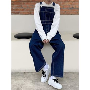 日系阿美咔嘰美式重磅復古牛仔背帶褲男女休閑直筒工裝吊帶連體褲