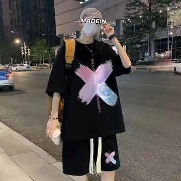 華夫格套裝男 夏季薄款韓系 美式 復古 透氣印花短袖T恤男 五分袖 短褲男 大褲衩 印花短袖 套裝男女 大碼印花圓領T恤