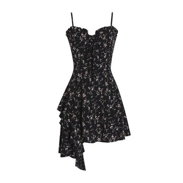 絕美浪漫暗黑設計感純欲可甜小眾不規則碎花吊帶裙連衣裙女辣妹夏