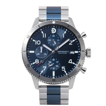 Discovery 探索自然 太陽能夜光潛水三眼腕錶 深海藍-鋼鍊帶雙色銀藍